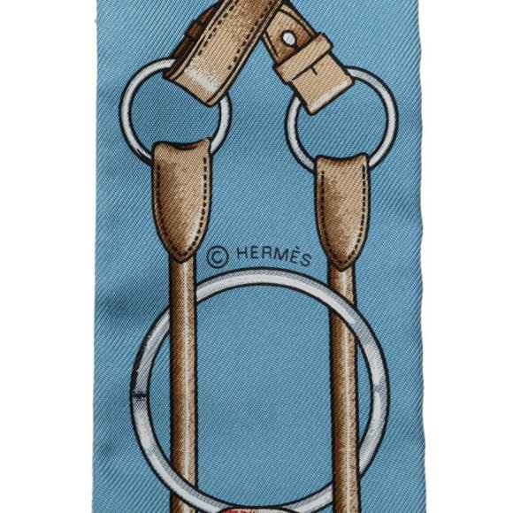 HERMES Twilly Bowtie Suspender Scarf Muffler Light Blue Multicolor Silk Women's - Picture 3 of 5